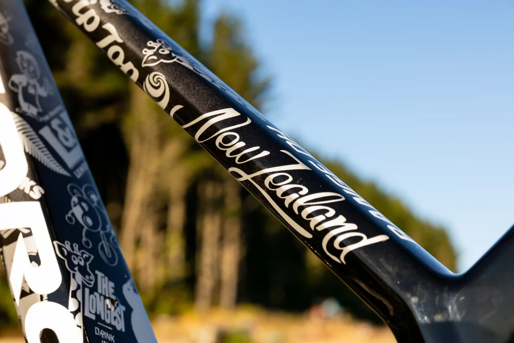 New Zealand script painted along the top tube
