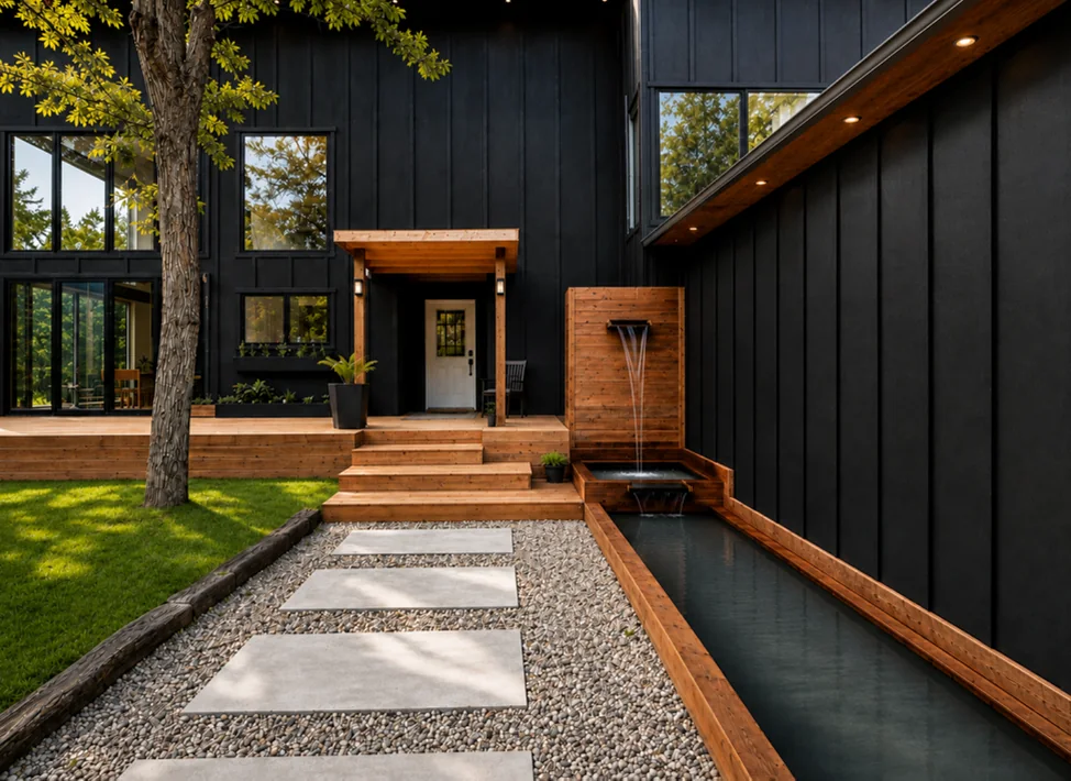 The entry path and water feature alongside the house