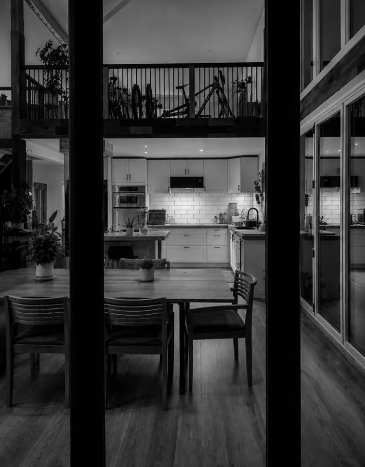 The kitchen seen from outside at night
