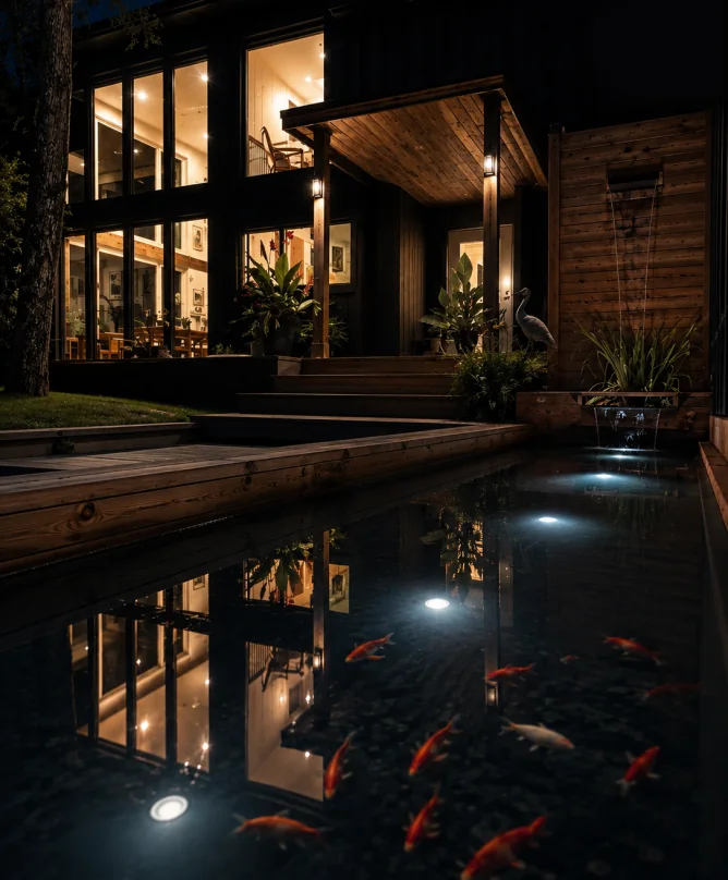 The koi pond lit up at night