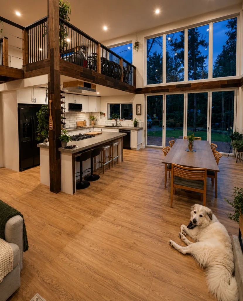 The kitchen and dining room