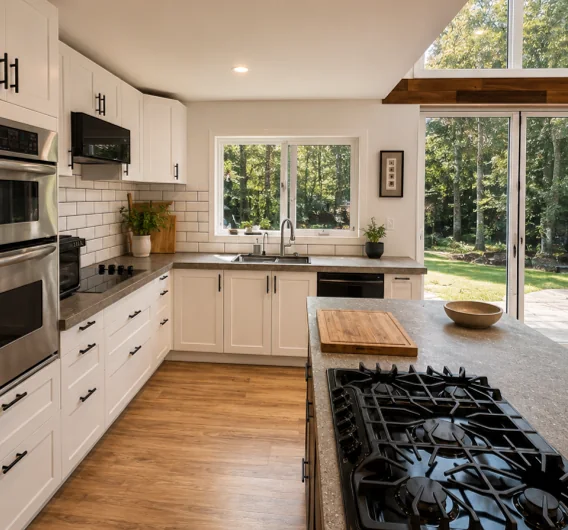 The white kitchen with concrete counters