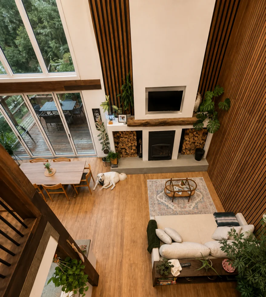 The double-height living room