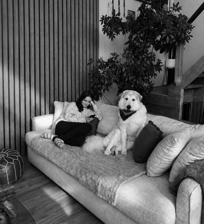 Steph and Theo on the main floor couch