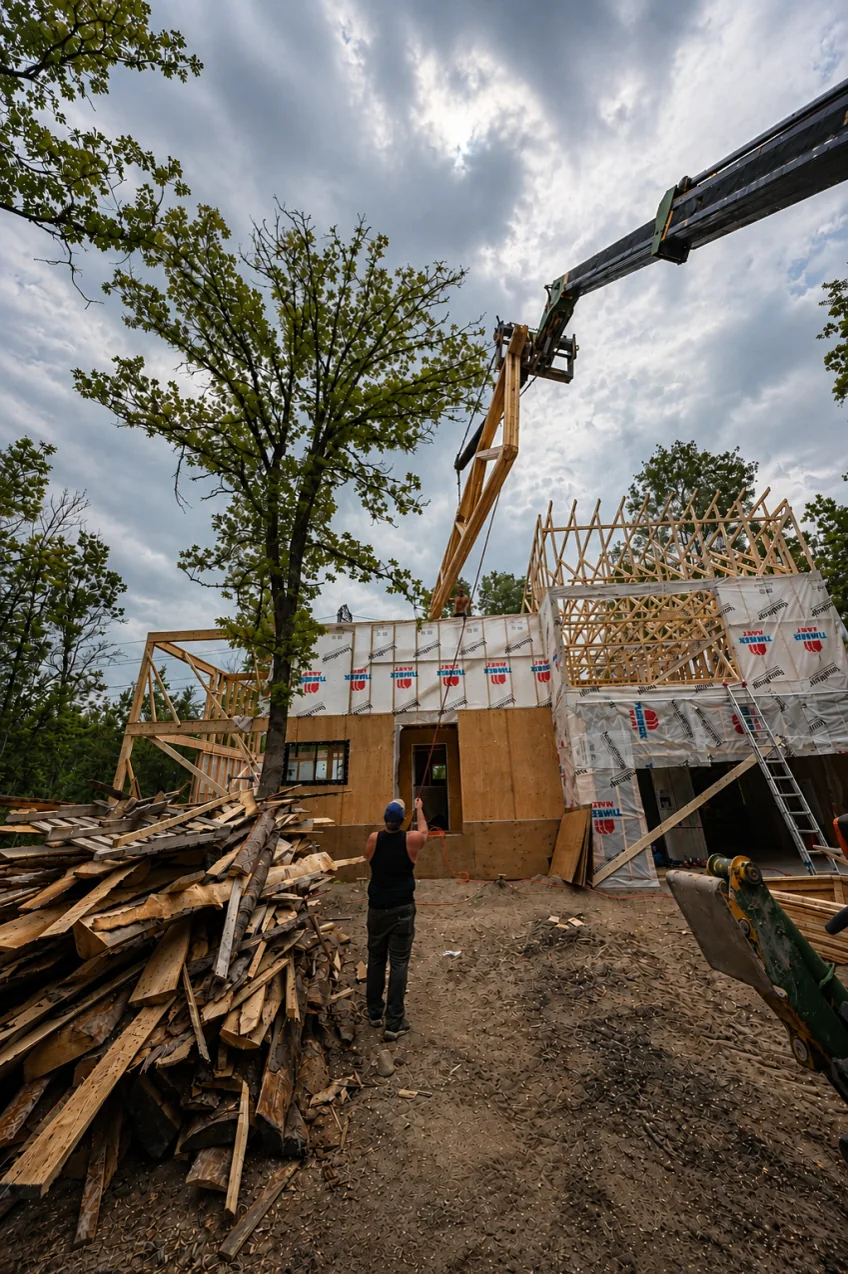 A crane lifting roof trusses into place