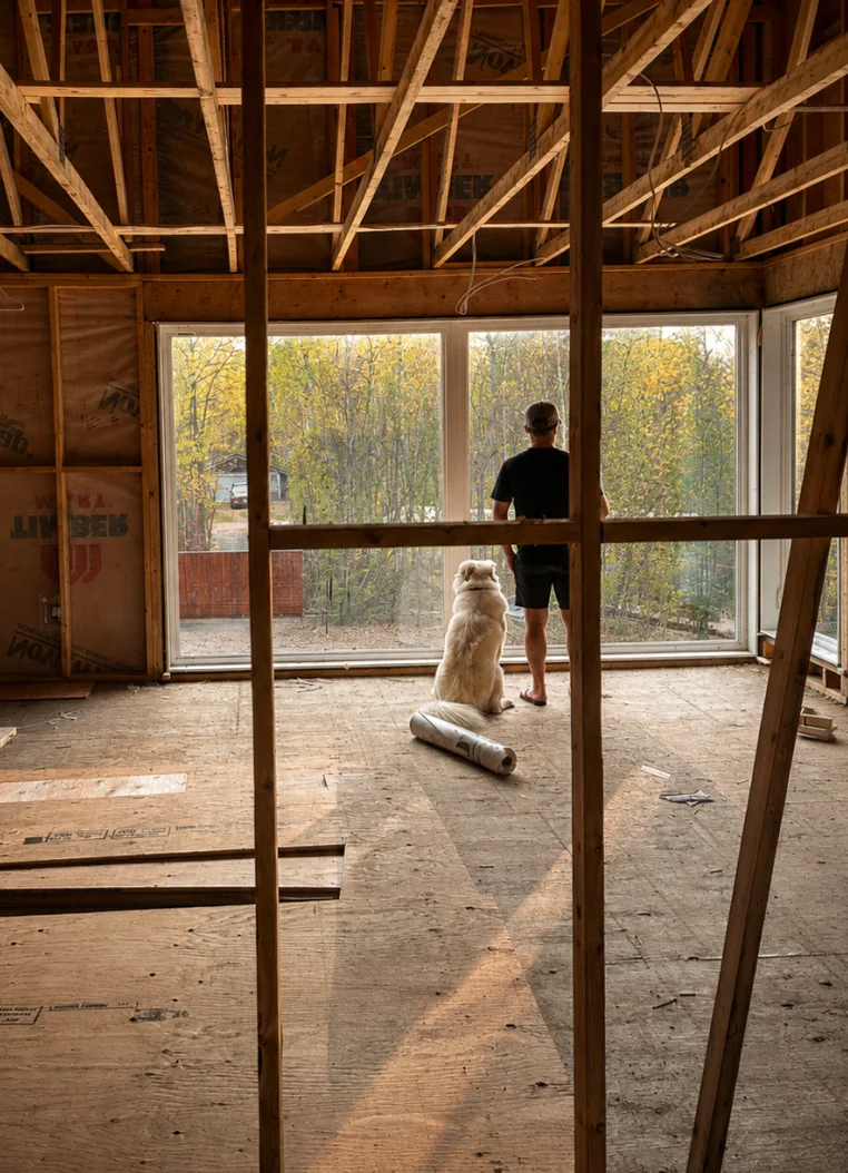 Theo and a friend at the framed master bedroom windows